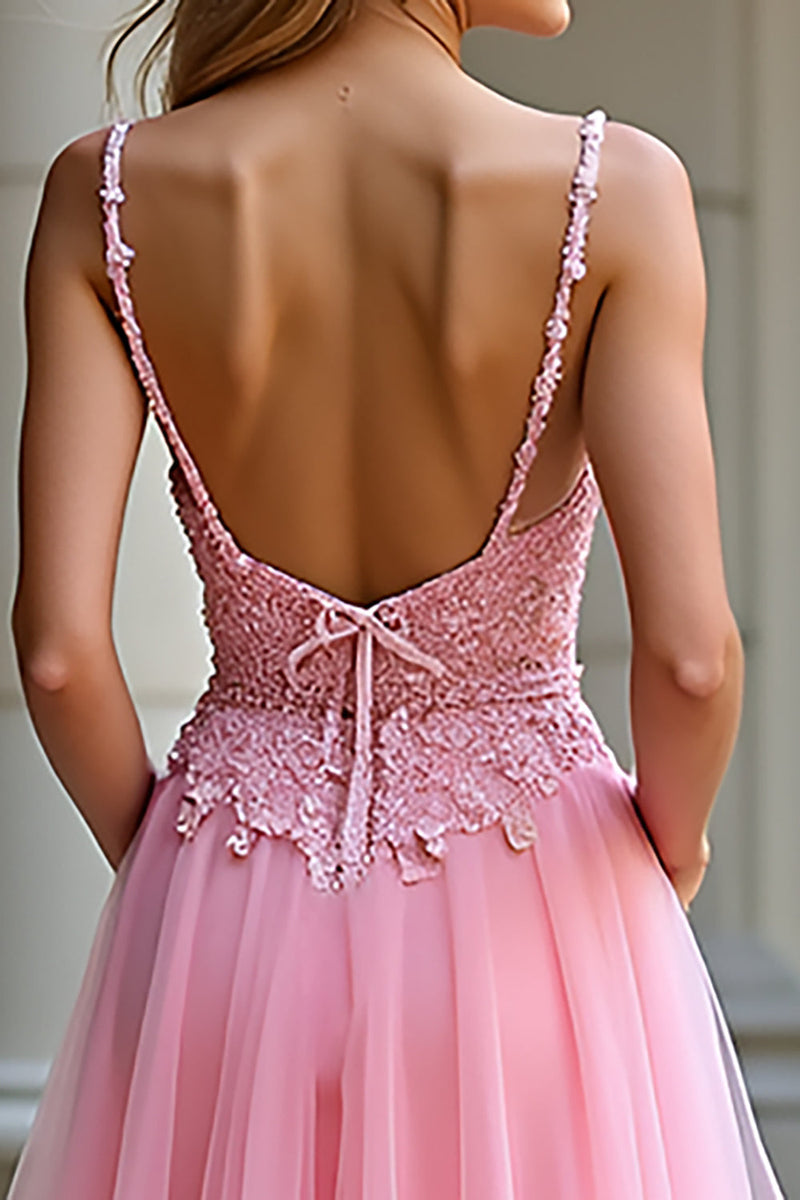 Load image into Gallery viewer, Pink A Line Spaghetti Straps Long Tulle Prom Dress with Lace