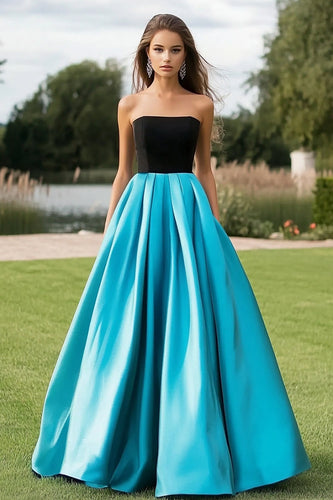 Black Blue Ball Gown Strapless Long Satin Prom Dress