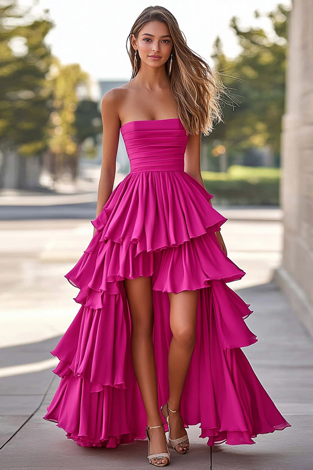 Fuchsia Strapless Tiered High-Low Long Prom Dress