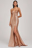 Load image into Gallery viewer, Champagne Sparkly Mermaid Long Prom Dress with High Slit