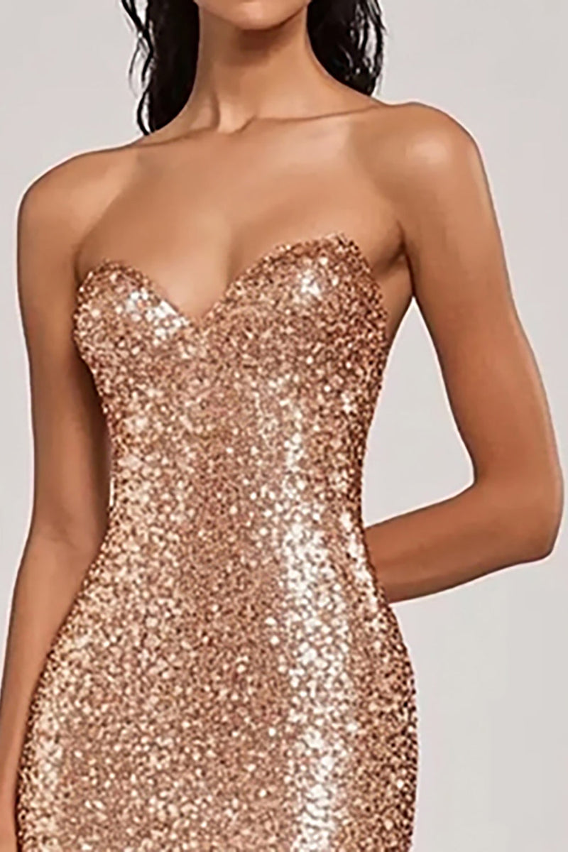 Load image into Gallery viewer, Champagne Sparkly Mermaid Long Prom Dress with High Slit