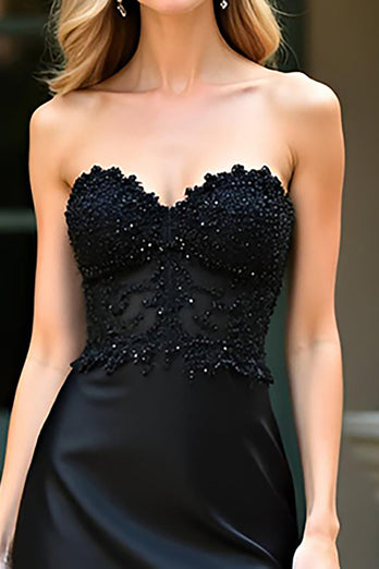 Black Strapless Long Prom Dress with Lace Appliques