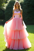 Load image into Gallery viewer, Pink Strapless A Line Tiered Long Tulle Prom Dress