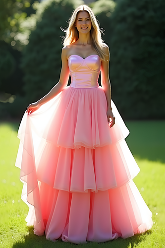 Pink Strapless A Line Tiered Long Tulle Prom Dress