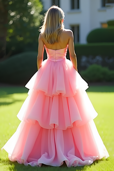 Pink Strapless A Line Tiered Long Tulle Prom Dress