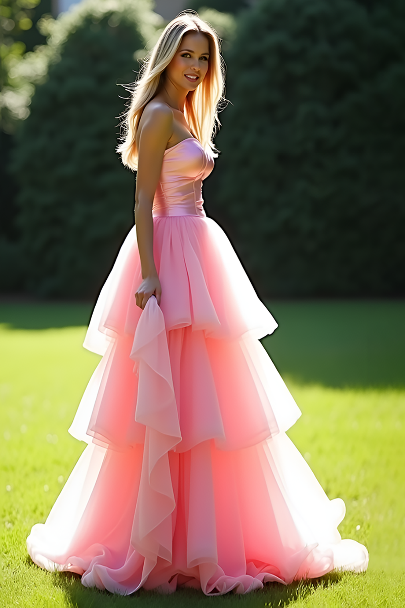 Load image into Gallery viewer, Pink Strapless A Line Tiered Long Tulle Prom Dress