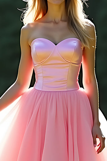 Pink Strapless A Line Tiered Long Tulle Prom Dress