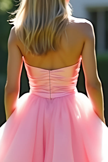 Pink Strapless A Line Tiered Long Tulle Prom Dress