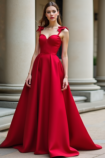 Red Ball Gown Spaghetti Straps Long Satin Prom Dress