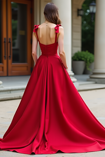 Red Ball Gown Spaghetti Straps Long Satin Prom Dress