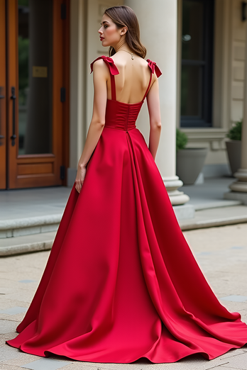 Red Ball Gown Spaghetti Straps Long Satin Prom Dress