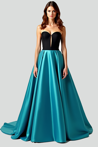 Black Peacock Blue A Line Ball Gown Long Satin Prom Dress