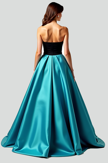 Black Peacock Blue A Line Ball Gown Long Satin Prom Dress