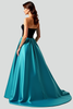 Load image into Gallery viewer, Black Peacock Blue A Line Ball Gown Long Satin Prom Dress