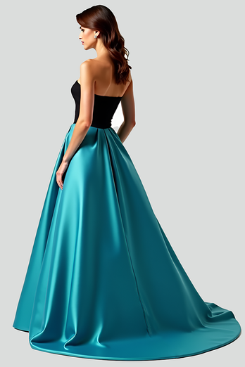 Black Peacock Blue A Line Ball Gown Long Satin Prom Dress