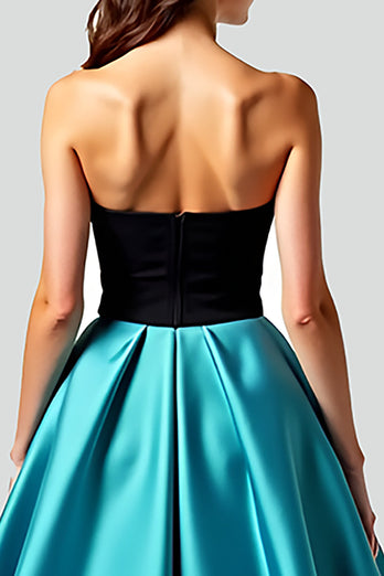 Black Peacock Blue A Line Ball Gown Long Satin Prom Dress