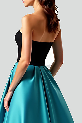 Black Peacock Blue A Line Ball Gown Long Satin Prom Dress