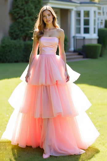 Pink Ball Gown Tiered Strapless Long Tulle Prom Dress