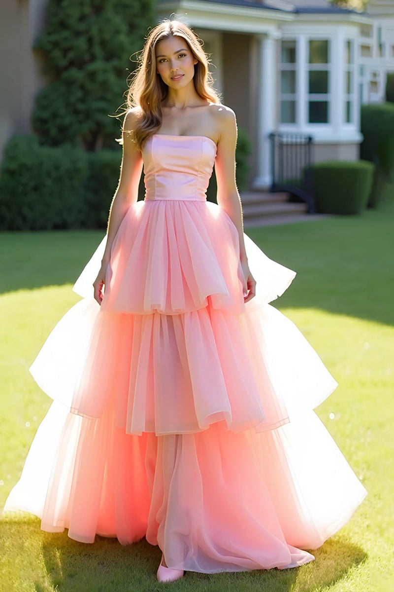 Load image into Gallery viewer, Pink Ball Gown Tiered Strapless Long Tulle Prom Dress