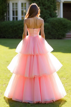 Pink Ball Gown Tiered Strapless Long Tulle Prom Dress