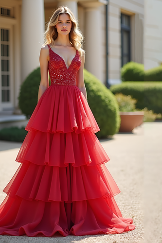 Red A Line Tiered V-Neck Long Prom Dress with Beading