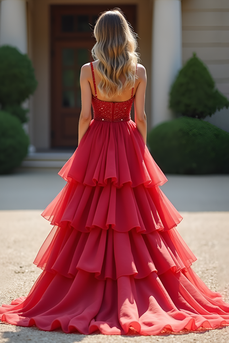 Red A Line Tiered V-Neck Long Prom Dress with Beading