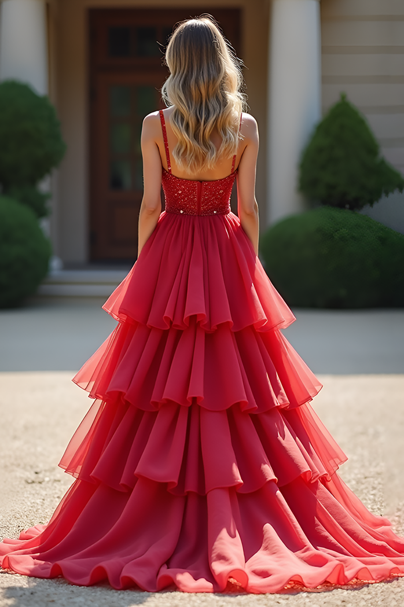 Load image into Gallery viewer, Red A Line Tiered V-Neck Long Prom Dress with Beading