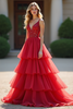 Load image into Gallery viewer, Red A Line Tiered V-Neck Long Prom Dress with Beading