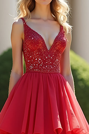 Red A Line Tiered V-Neck Long Prom Dress with Beading