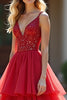 Load image into Gallery viewer, Red A Line Tiered V-Neck Long Prom Dress with Beading