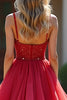 Load image into Gallery viewer, Red A Line Tiered V-Neck Long Prom Dress with Beading