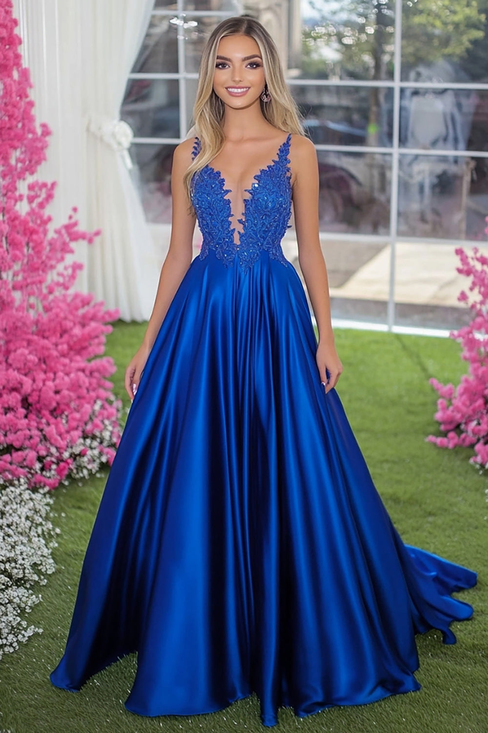 Royal Blue Ball Gown Long Prom Dress with Lace Appliques