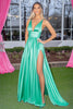 Load image into Gallery viewer, Mint A Line V-Neck Long Satin Prom Dress with Slit