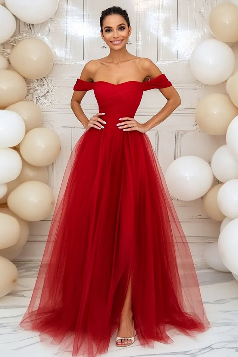 Load image into Gallery viewer, Red Off the Shoulder A Line Long Tulle Prom Dress