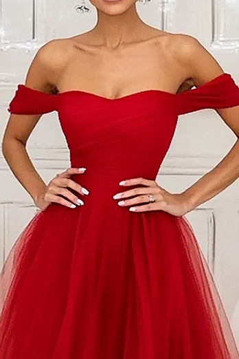 Red Off the Shoulder A Line Long Tulle Prom Dress