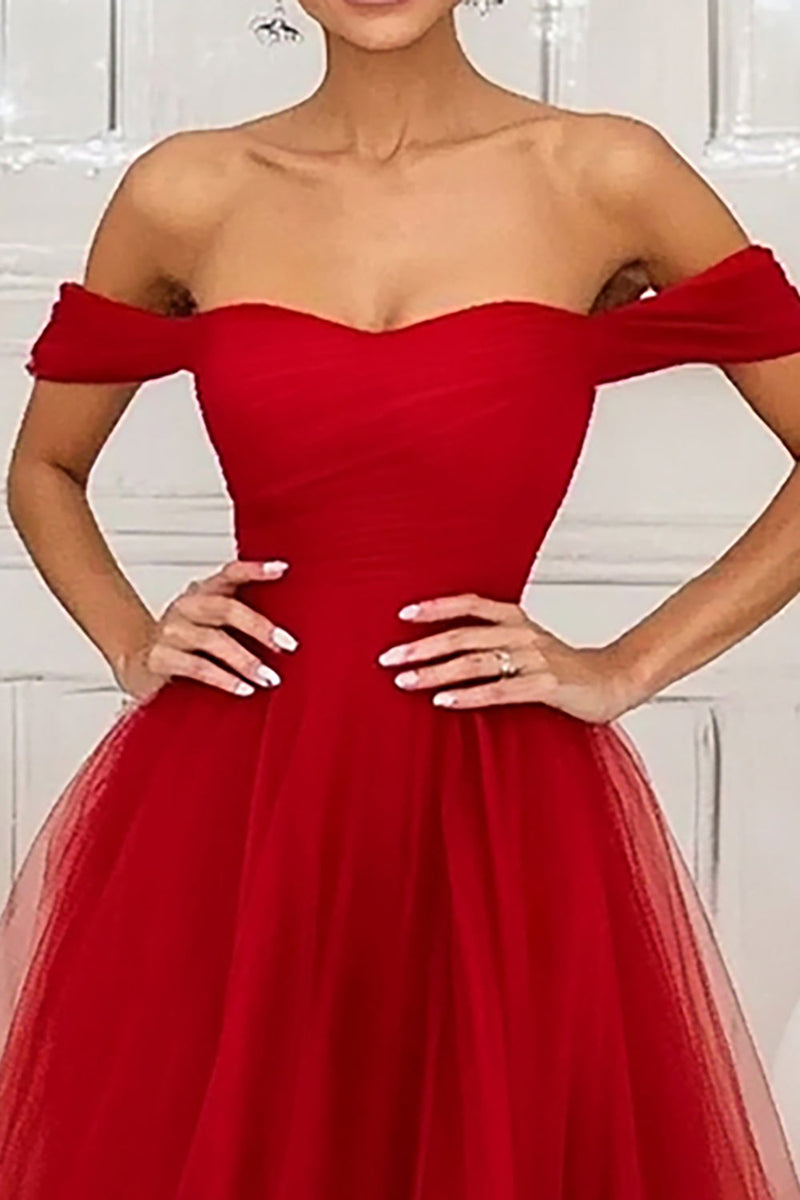 Load image into Gallery viewer, Red Off the Shoulder A Line Long Tulle Prom Dress