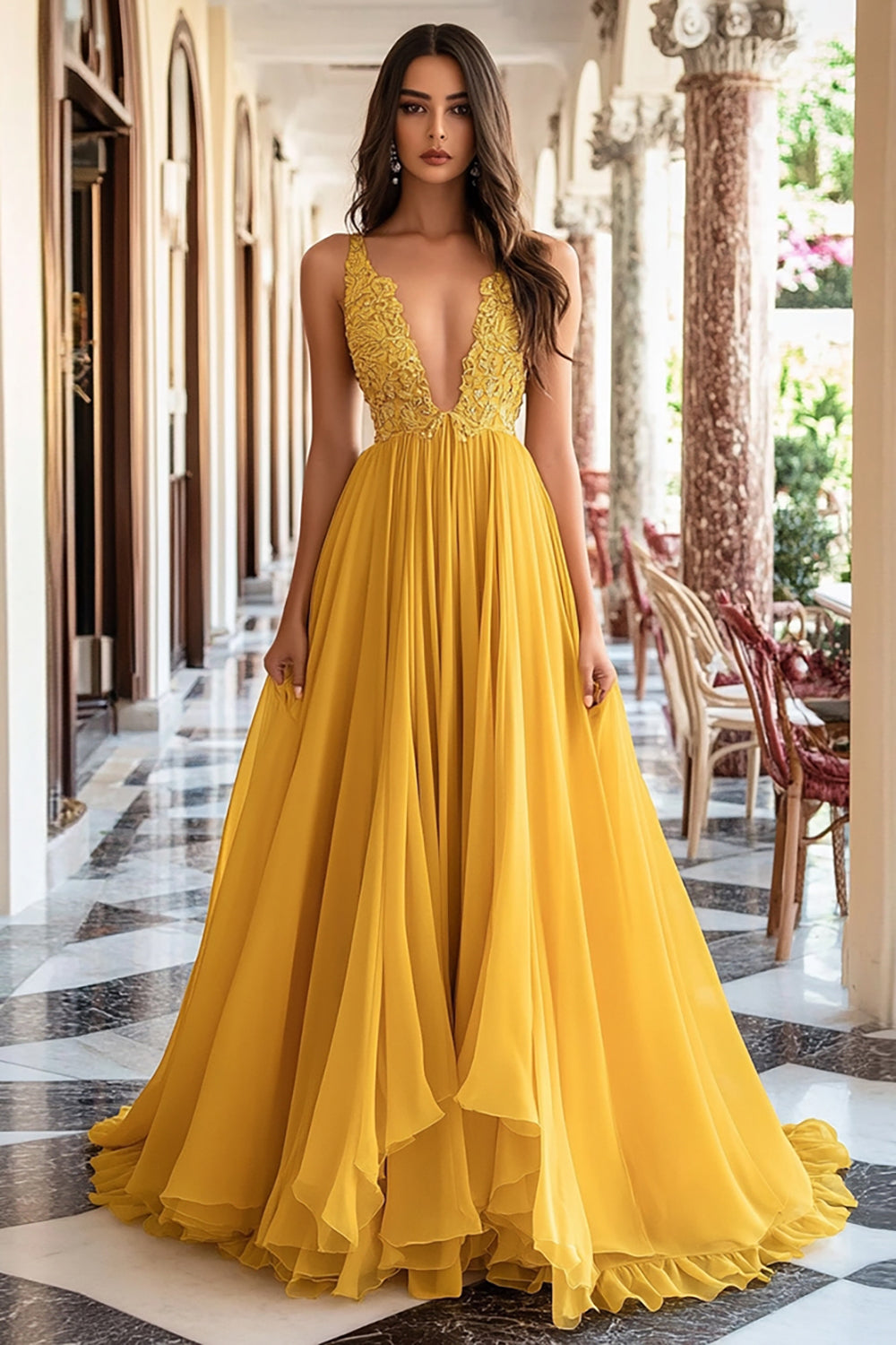 Yellow Ball Gown Deep V-Neck Long Prom Dress with Lace Appliques