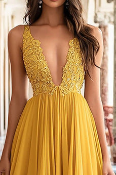 Yellow Ball Gown Deep V-Neck Long Prom Dress with Lace Appliques