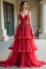 Load image into Gallery viewer, Red A Line Tiered Spaghetti Straps Long Prom Dress with Lace