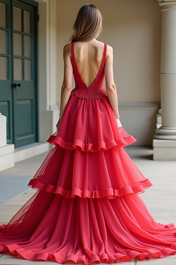 Red A Line Tiered Spaghetti Straps Long Prom Dress with Lace