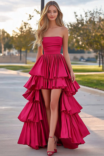 Fuchsia Strapless A Line High-Low Long Prom Dress