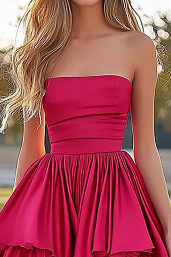 Fuchsia Strapless A Line High-Low Long Prom Dress