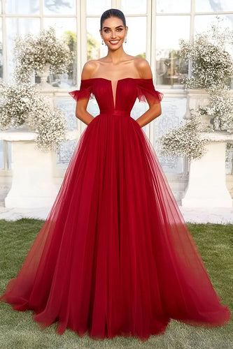 Red Ball Gown Off the Shoulder Long Tulle Prom Dress