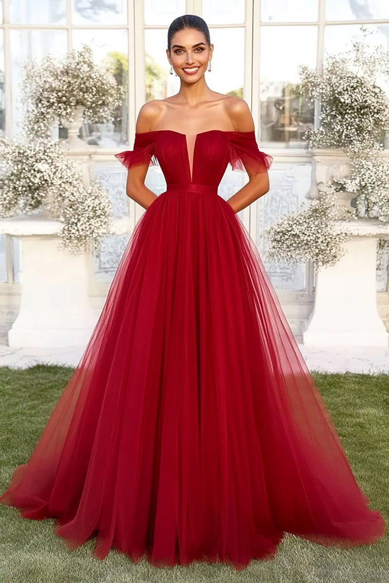 Load image into Gallery viewer, Red Ball Gown Off the Shoulder Long Tulle Prom Dress