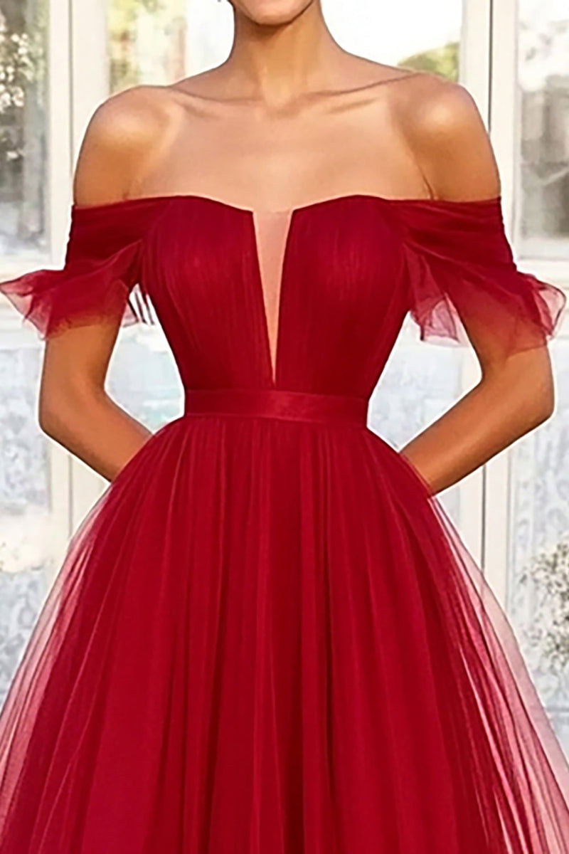 Load image into Gallery viewer, Red Ball Gown Off the Shoulder Long Tulle Prom Dress