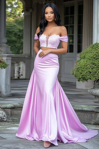 Lilac 2 Pieces Off the Shoulder Satin Long Prom Dress