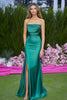 Load image into Gallery viewer, Green Strapless Sheath Ruched Long Satin Prom Dress with Slit