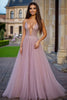 Load image into Gallery viewer, Sparkly Dusty Rose V-Neck A Line Long Tulle Prom Dress