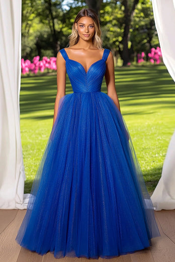 Royal Blue A Line Tulle Ruched Long Prom Dress