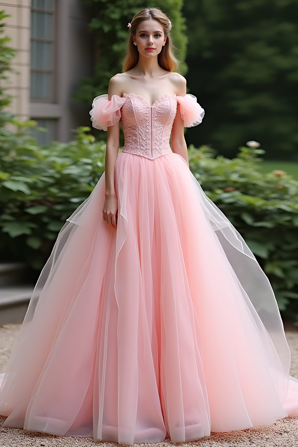 Pink Ball Gown Off the Shoulder Tulle Prom Dress